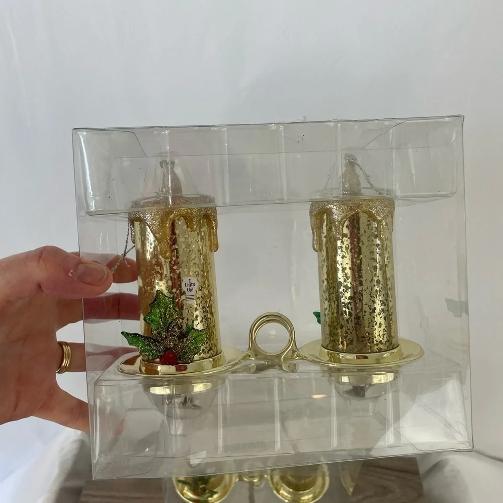 NWT 2 Packs of 2 Candle Decor Battery Clips Gold Sparkle Holly Holiday Christmas